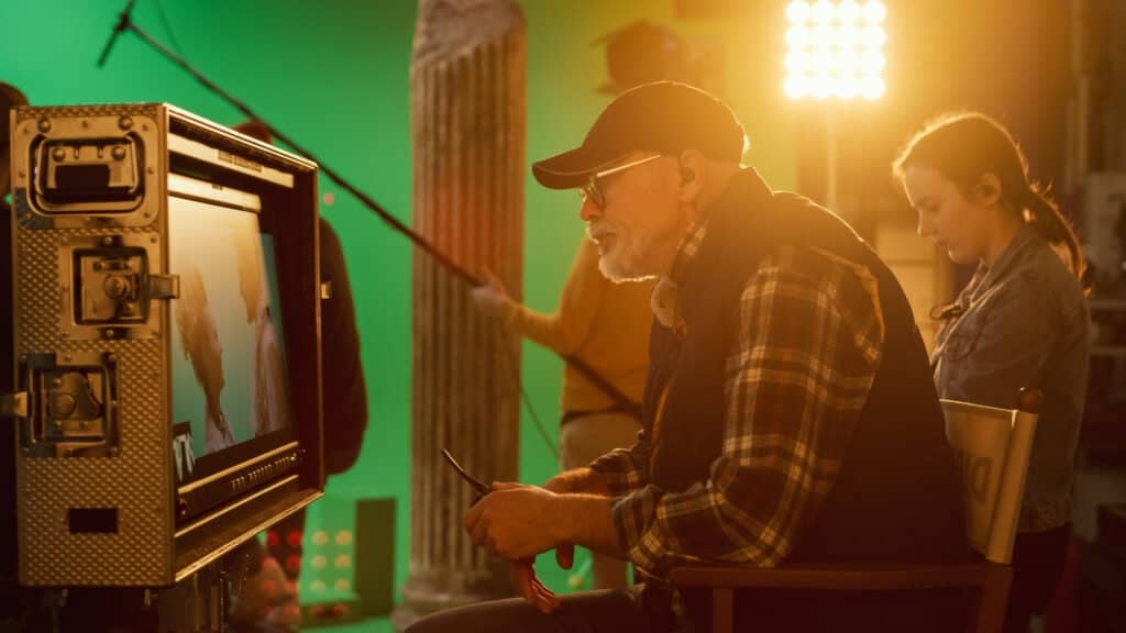 Director sitting and watching monitor while a boom mic operator prepares in the background.